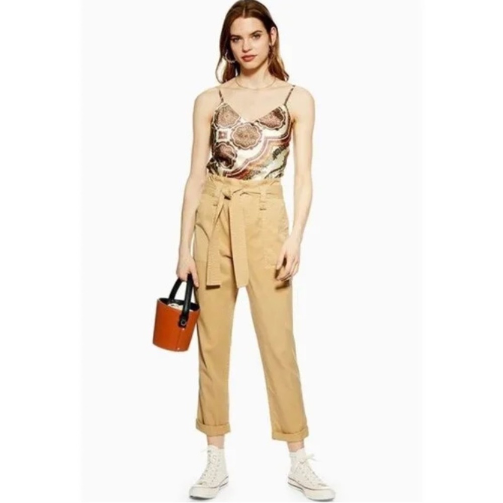 Topshop Rory High Waist Paperbag Waist Utility Trouser Stone Khaki Tan NWT 5435